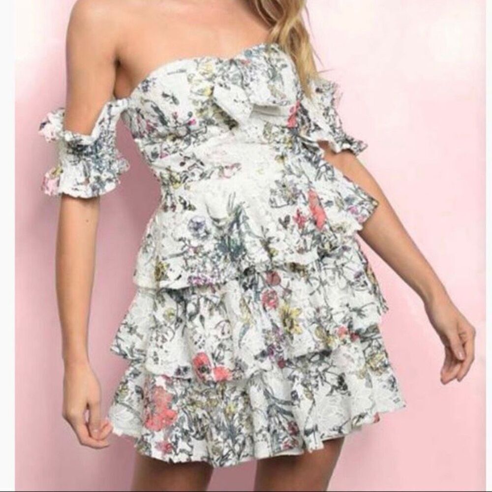Alpha & Omega Floral Print Tiered Lace Off Shoulder Mini Dress NWT Size Medium